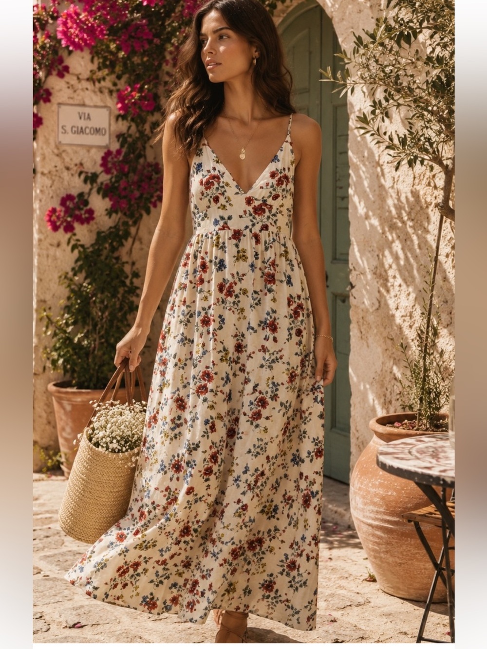 NWT Caroline Constas Beaded Strap Linen Blend Floral Maxi Dress XS